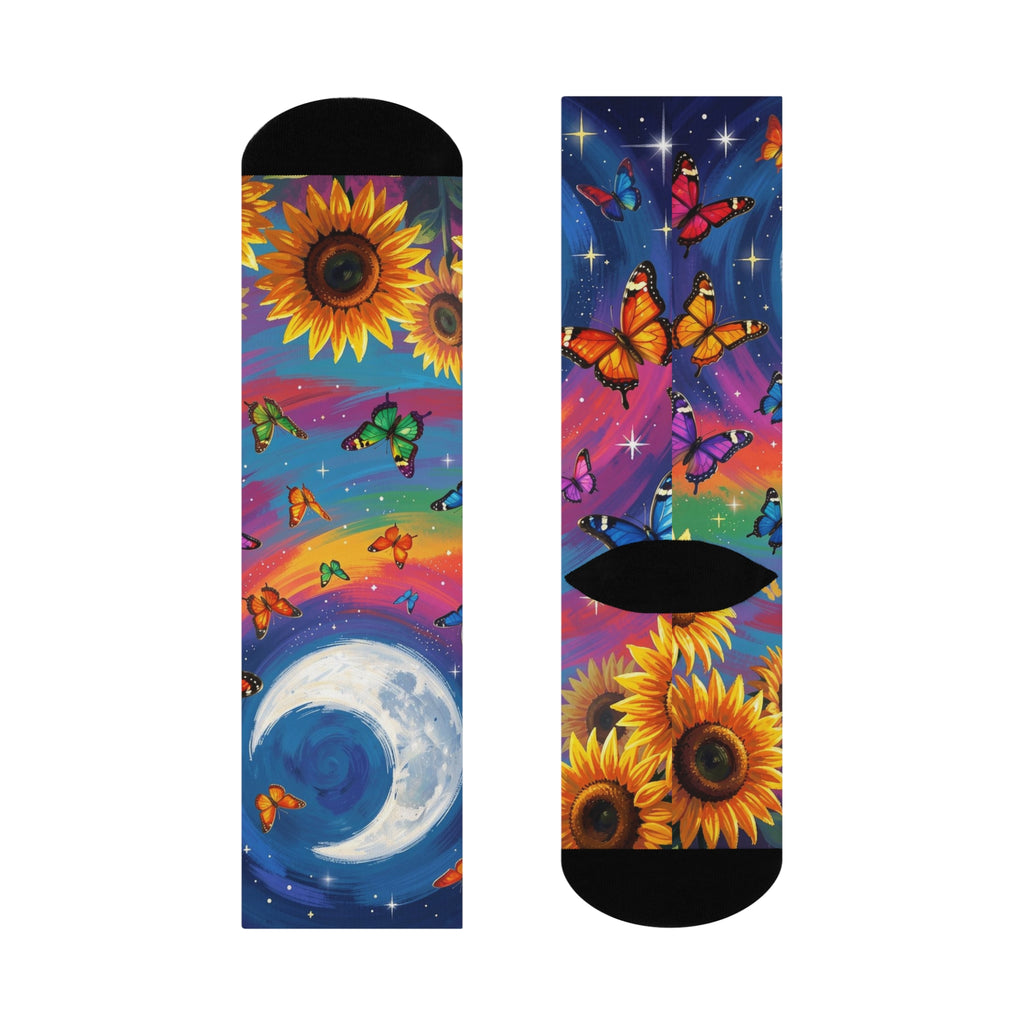 Moon, Rainbow & Sunflower Butterfly Cushioned Crew Socks | Vibrant All-Over Print