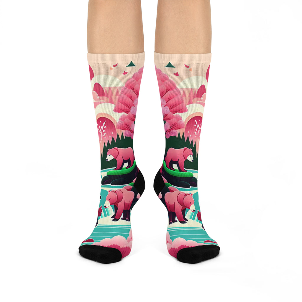 Mama bear and cubs mismatched Socks-Pink Forest Series.