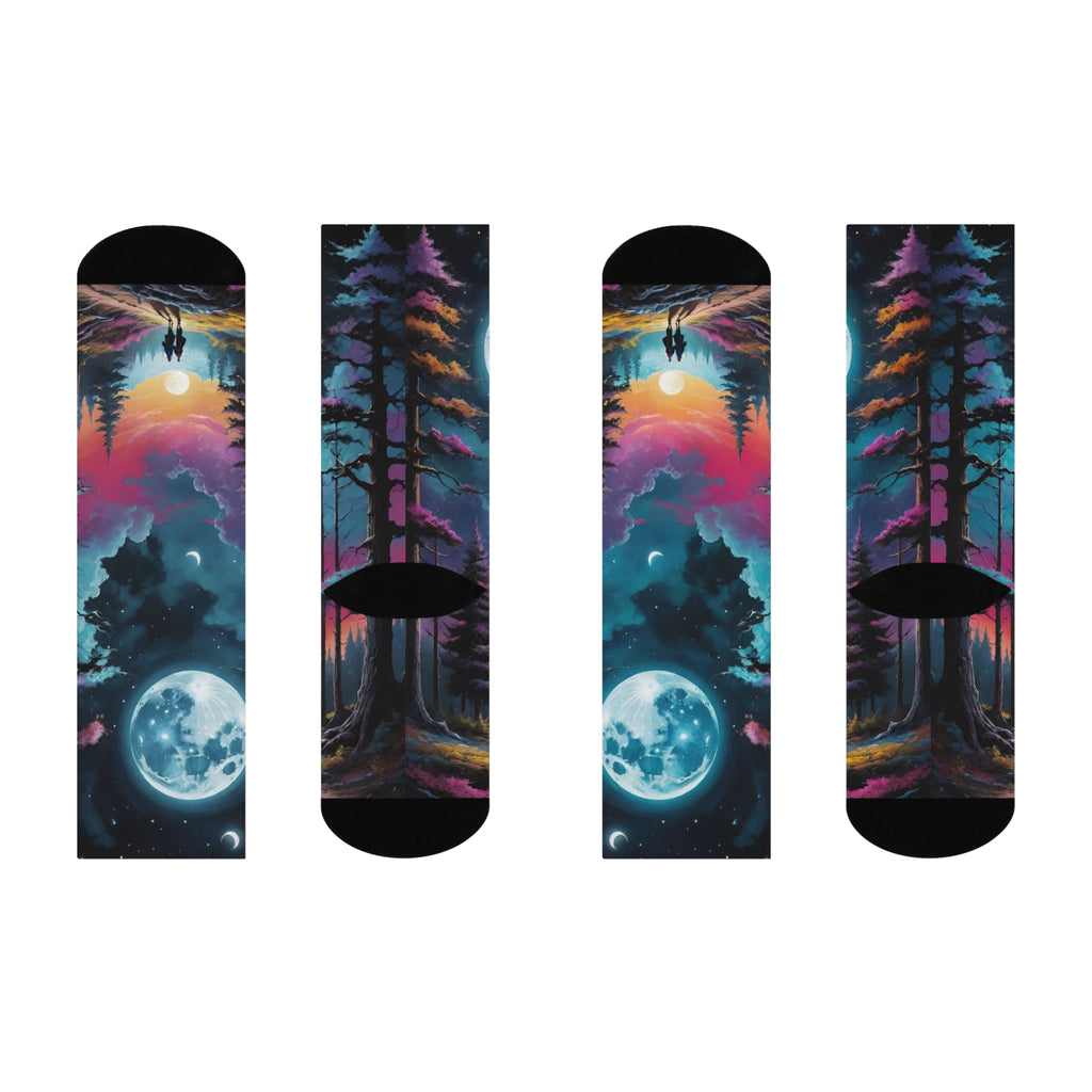 Moonlit Forest Crew Socks | Night Sky Full Moon Landscape