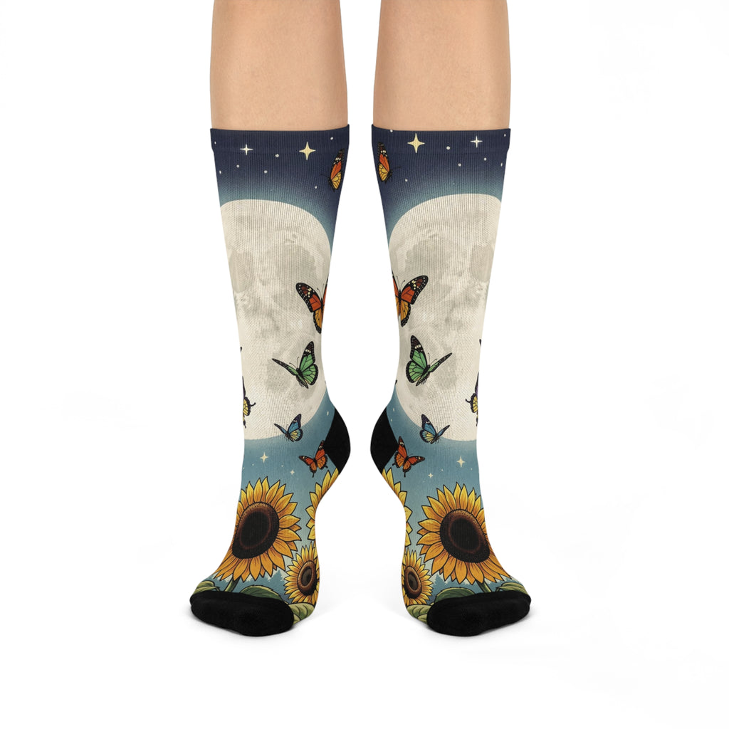 Moonlit Sunflowers Butterfly Crew Socks | Moon and Stars Night Sky Socks