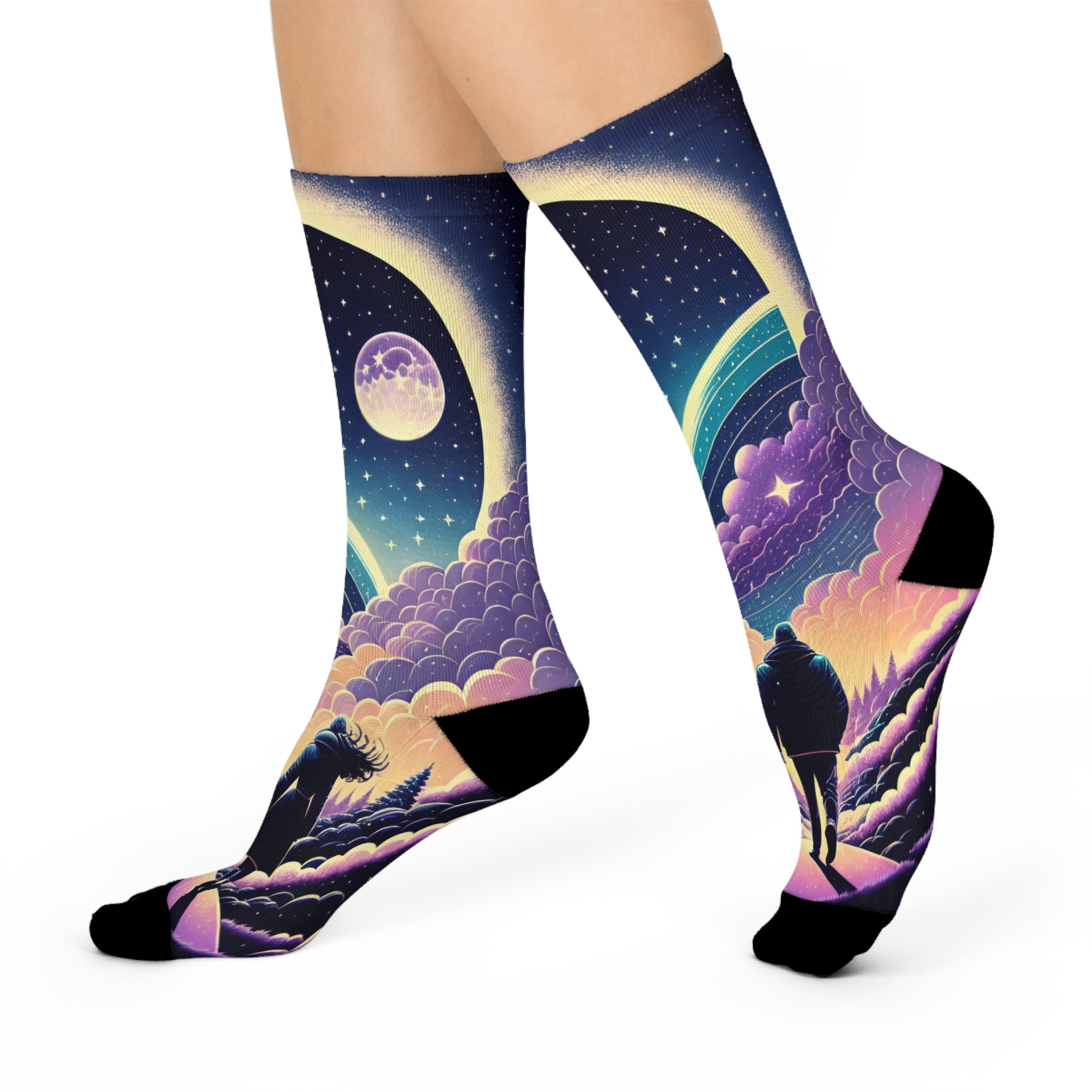 Moonlit Hiker Night Sky Cushioned Crew Socks | Surreal Starfield Design