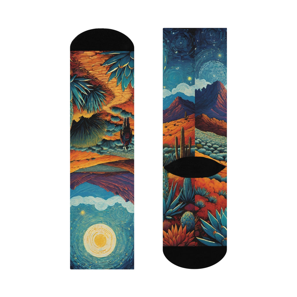 Desert Walking Nightscape Cushioned Crew Socks | Moonlit Mountains, Cactus Trail