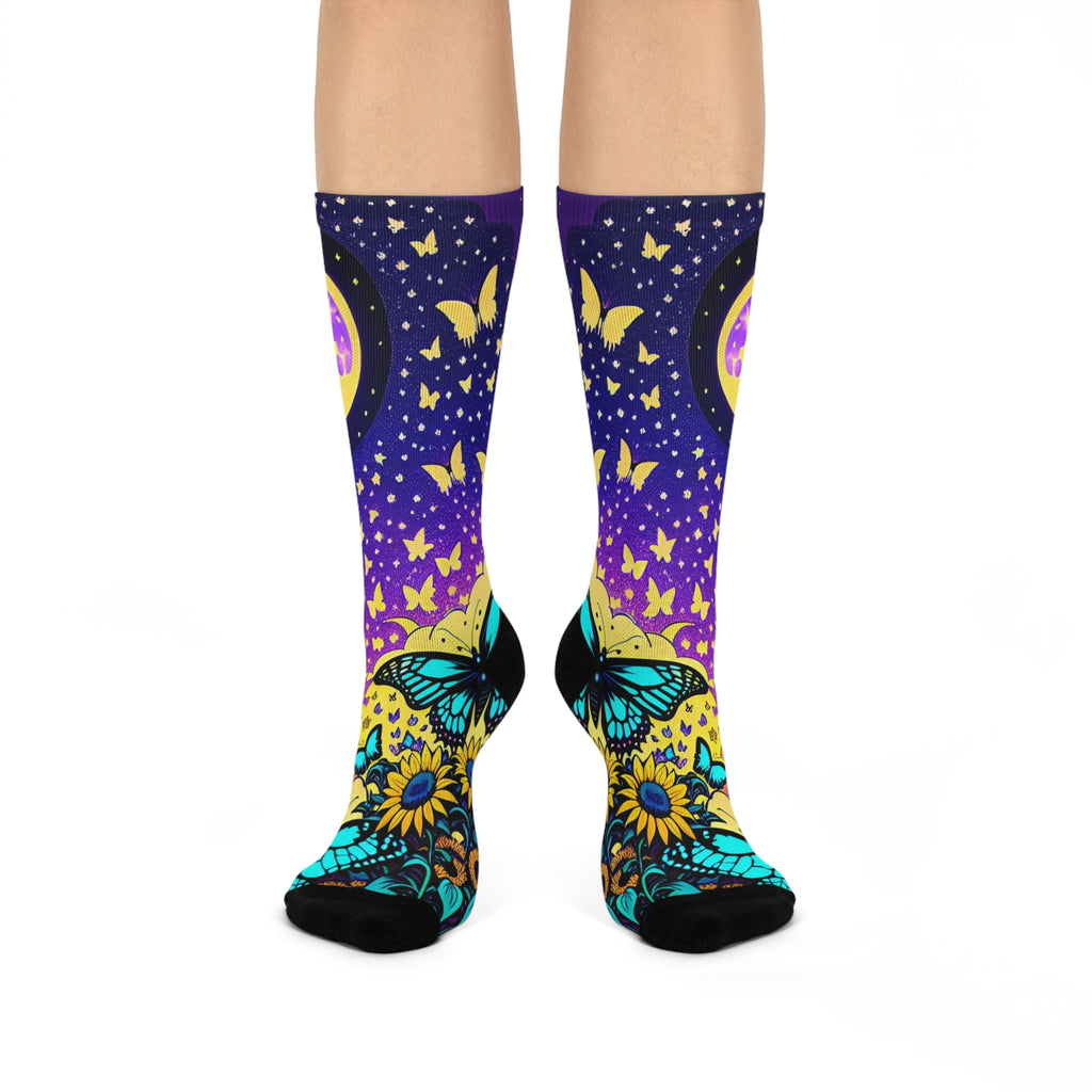 Moonlit and Blue Butterflies Sunflower Crew Socks | Purple Blue Gradient Night Sky