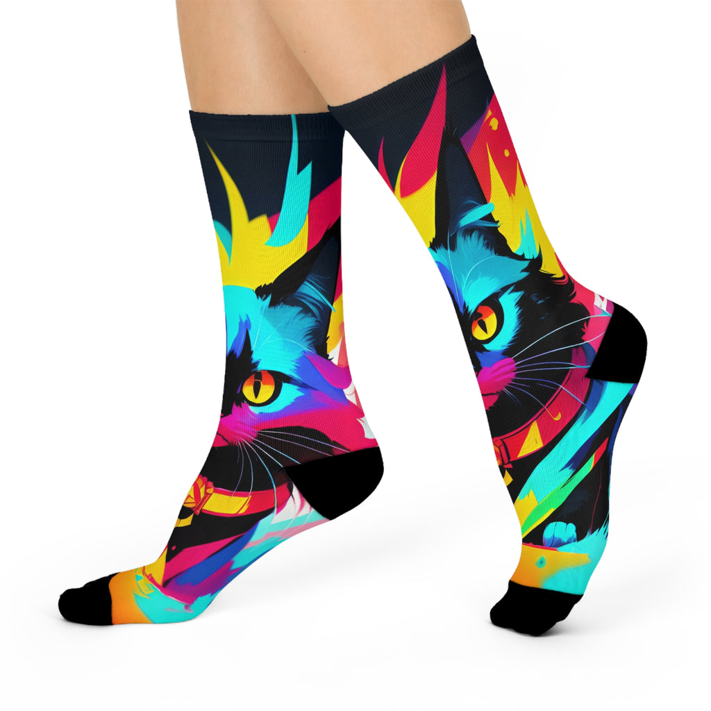Neon Pop Cat Cushioned Crew Socks | Colorful Feline Graphic