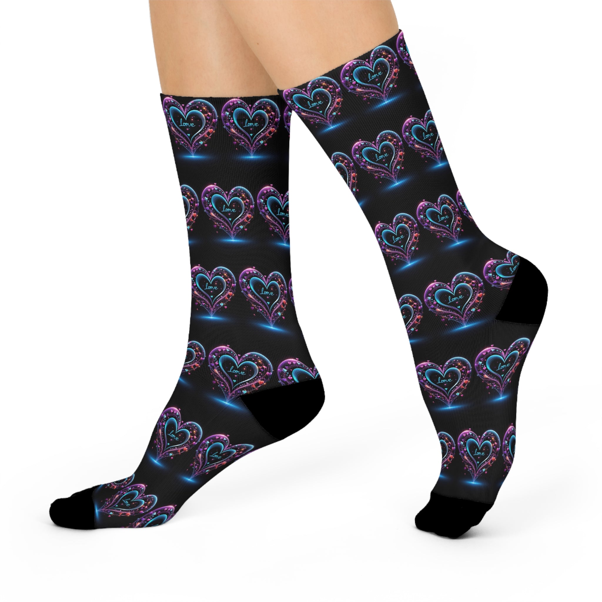 Midnight Ethereal Heart Crew Socks - Glowing Neon Love Pattern Socks
