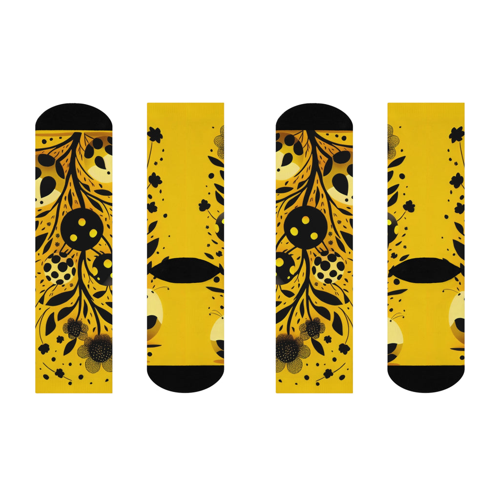 The Golden Botanical Meadow Socks- Mustard Yellow Floral & leaf silhouette Art