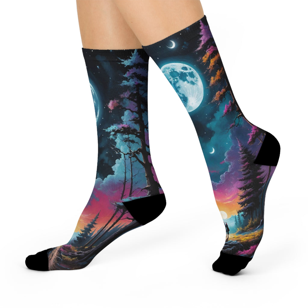 Moonlit Forest Crew Socks | Night Sky Full Moon Landscape