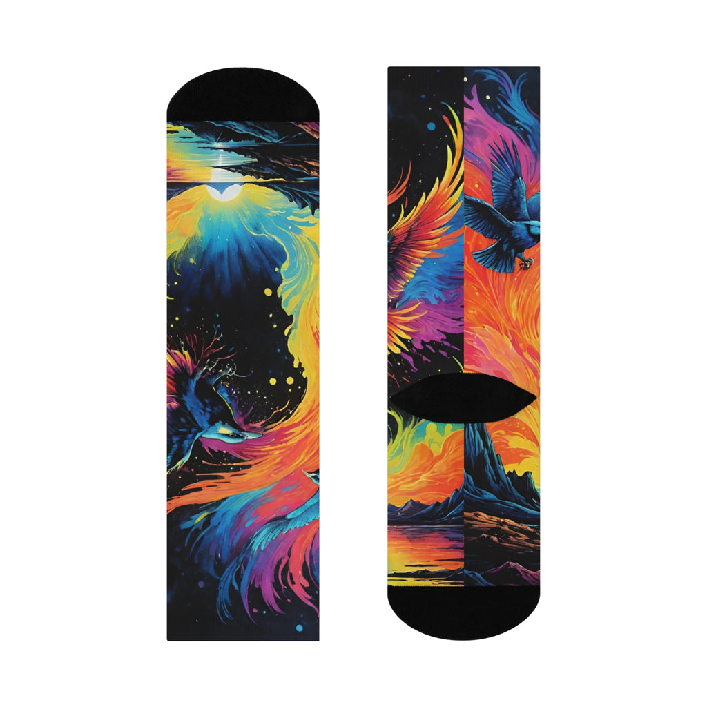 Rainbow Phoenix Socks | Colorful Bird Crew Socks, Cosmic Flame Design