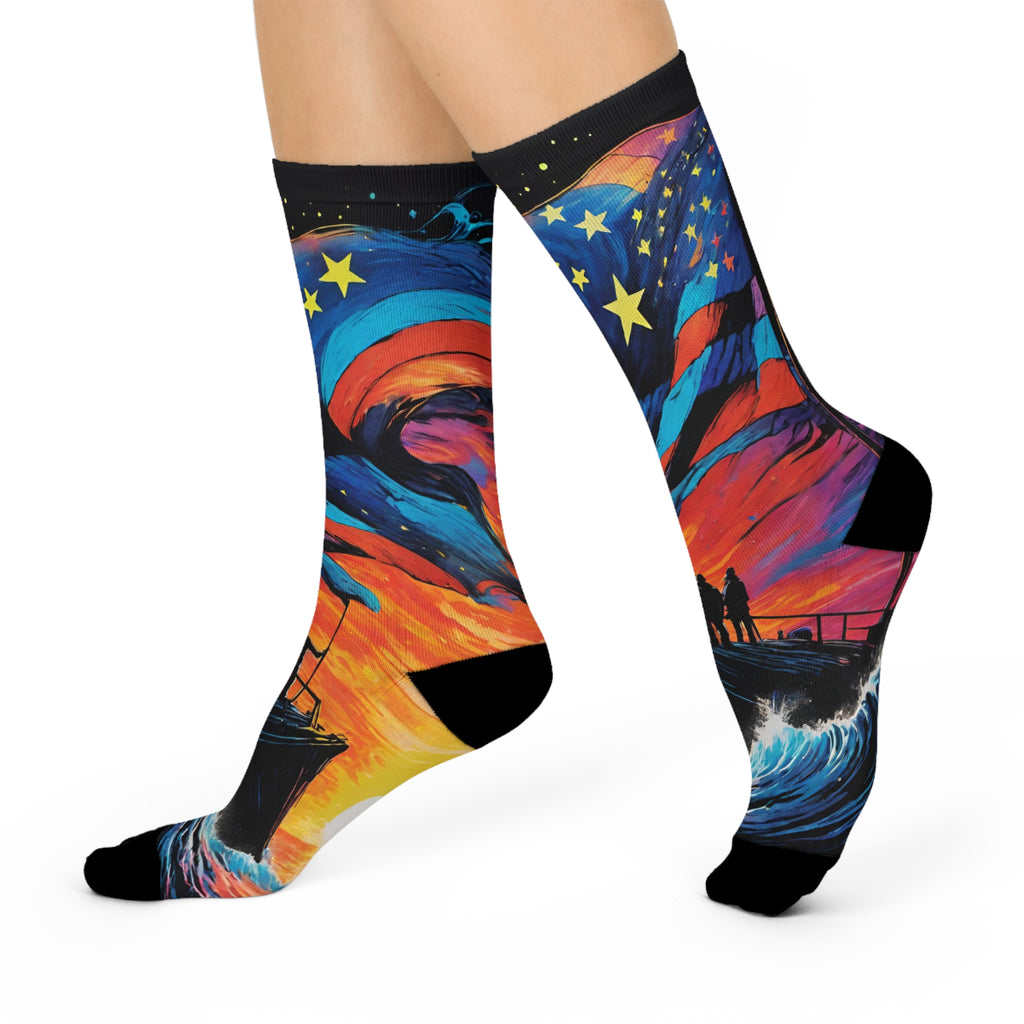 Starry Sunset Sailboat Socks | Colorful Ocean Wave Crew Socks
