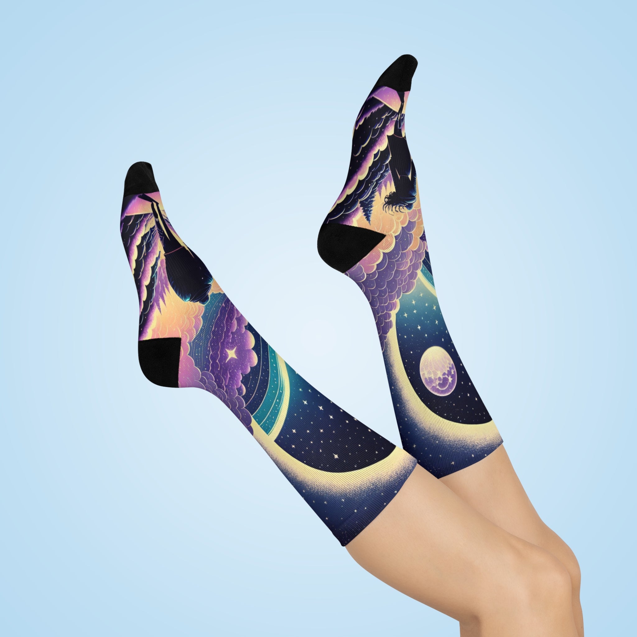 Moonlit Hiker Night Sky Cushioned Crew Socks | Surreal Starfield Design