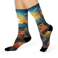 Desert Sunset Landscape Cushioned Crew Socks | Cactus, Sun, Mountains, rocks