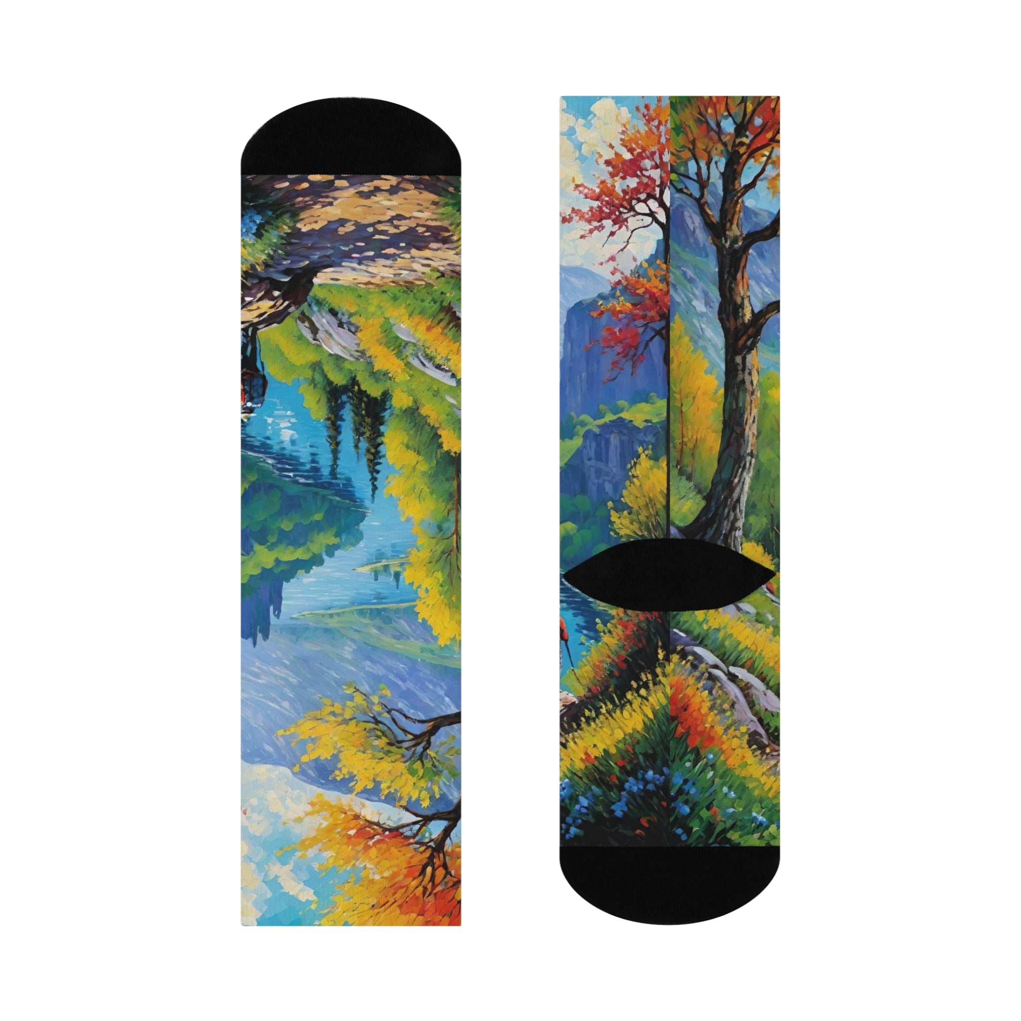 Mountain Hiker Crew Socks - Impressionist Autumn Forest and Lake Landscape Art