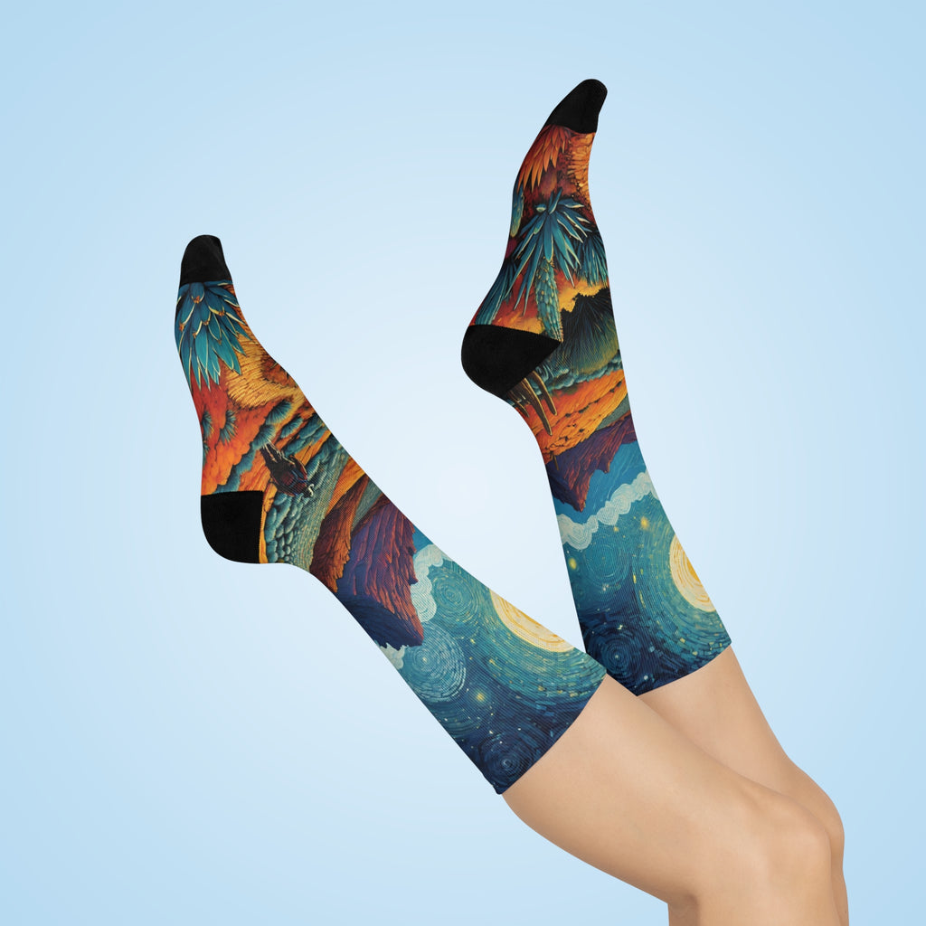 Desert Walking Nightscape Cushioned Crew Socks | Moonlit Mountains, Cactus Trail