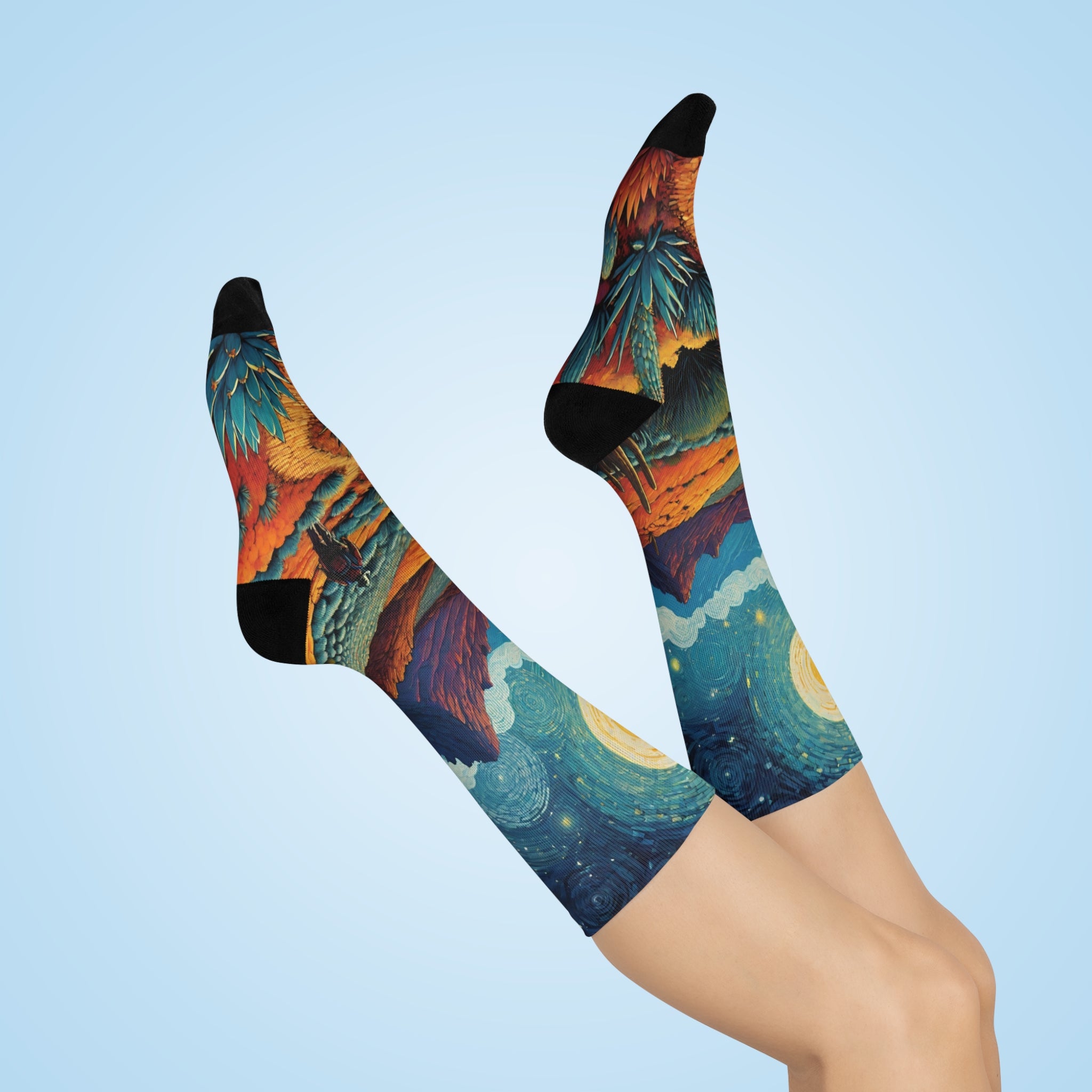Desert Walking Nightscape Cushioned Crew Socks | Moonlit Mountains, Cactus Trail