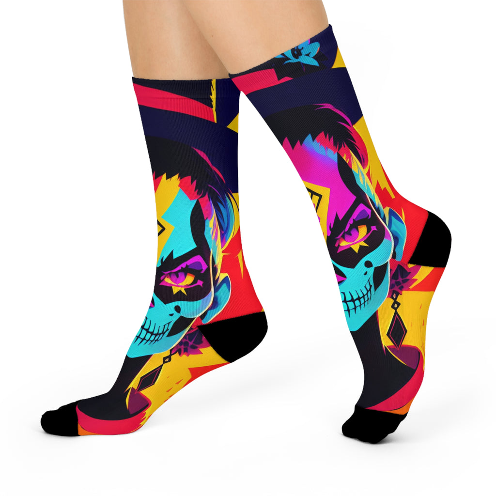 Neon katrina Cushioned Crew Socks | Day of the Dead Calavera Pattern