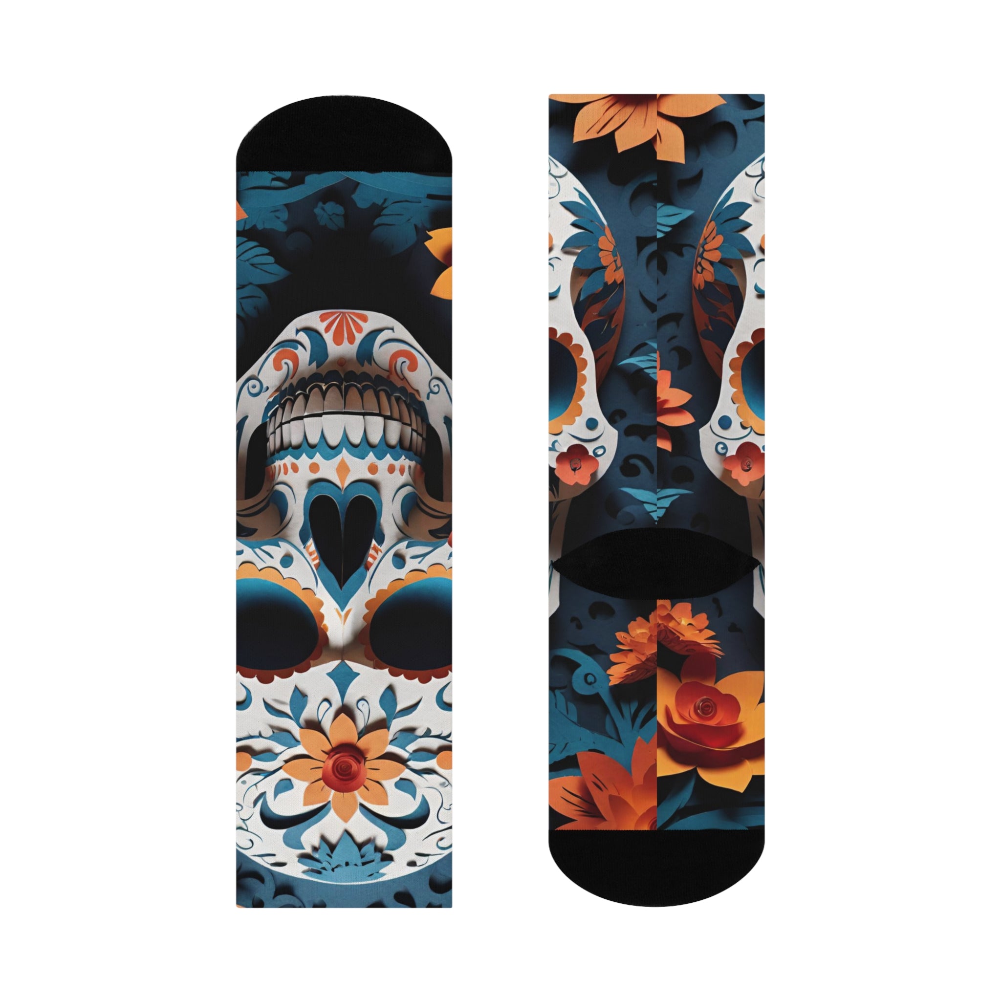 Sugar Skull Floral Blue Crew Socks | Day of the Dead Calavera Design
