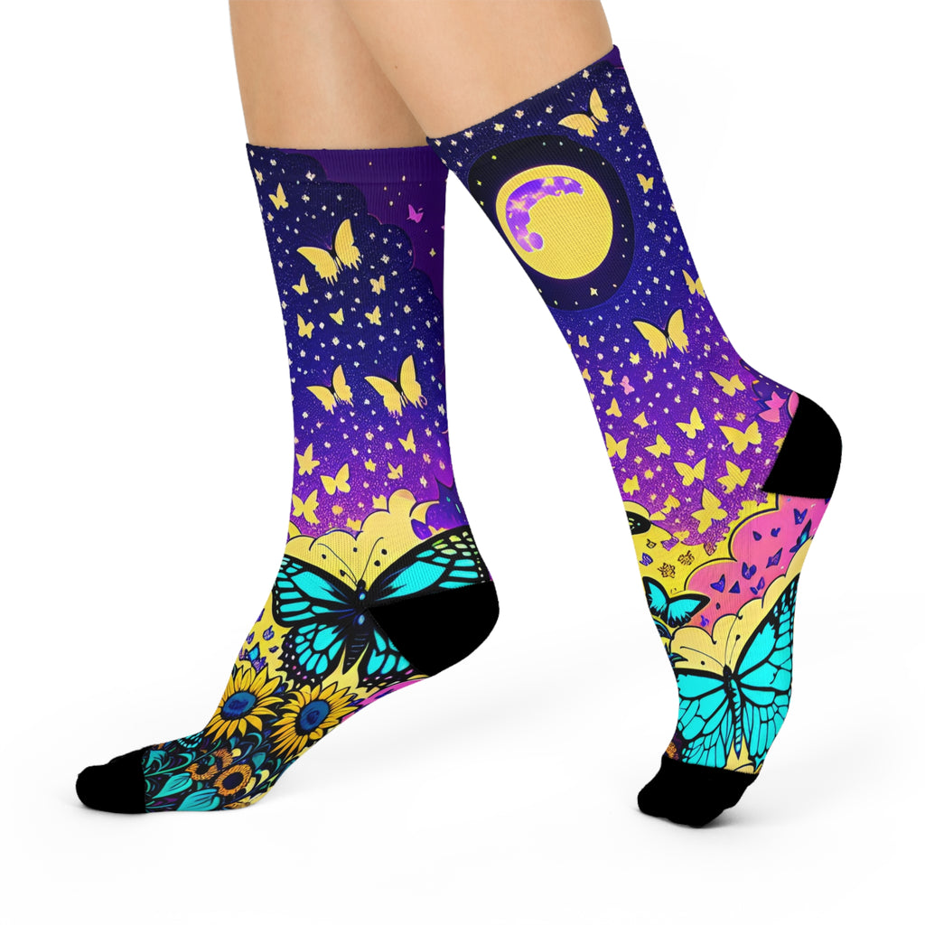 Moonlit and Blue Butterflies Sunflower Crew Socks | Purple Blue Gradient Night Sky