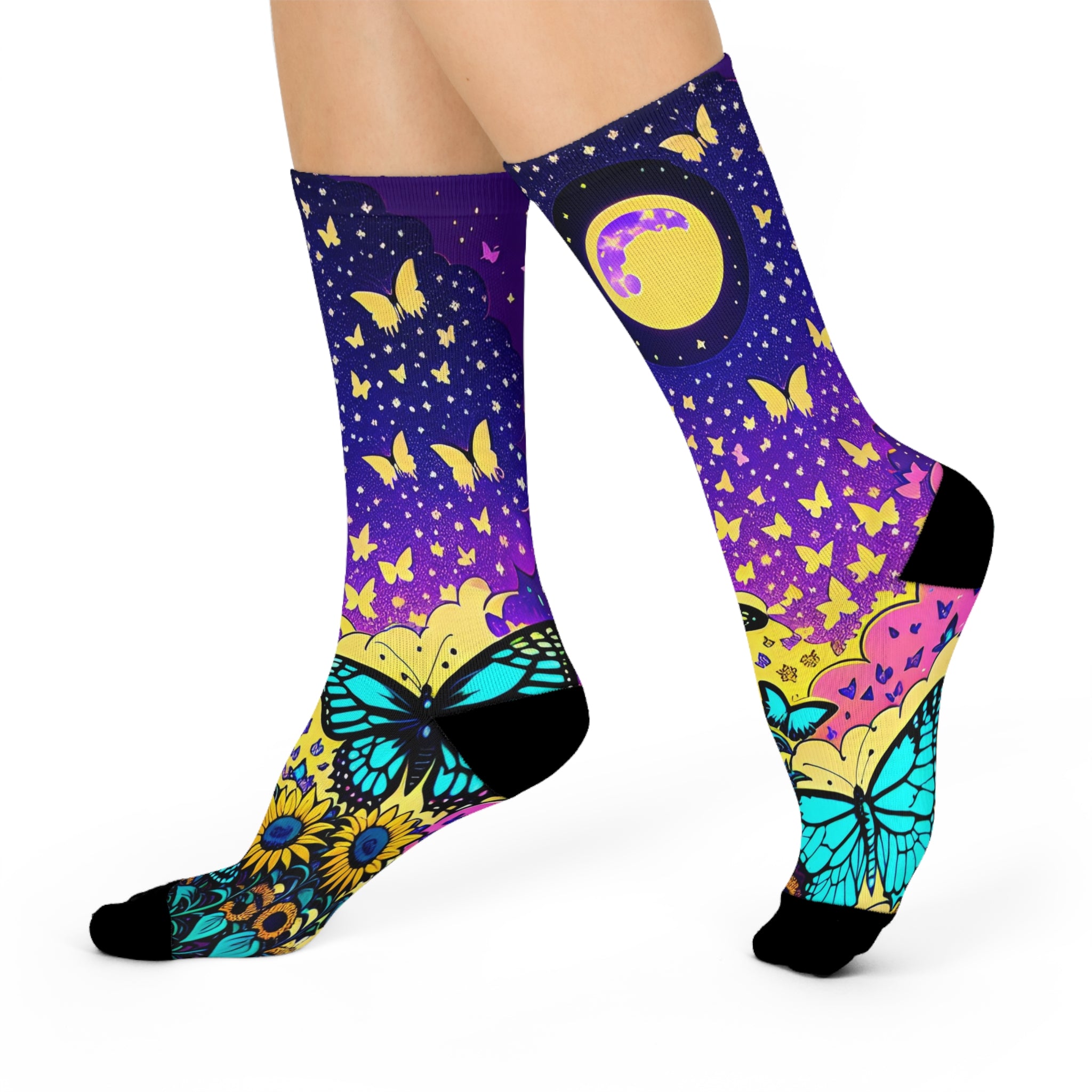 Moonlit and Blue Butterflies Sunflower Crew Socks | Purple Blue Gradient Night Sky