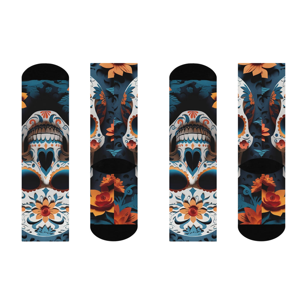 Sugar Skull Floral Blue Crew Socks | Day of the Dead Calavera Design
