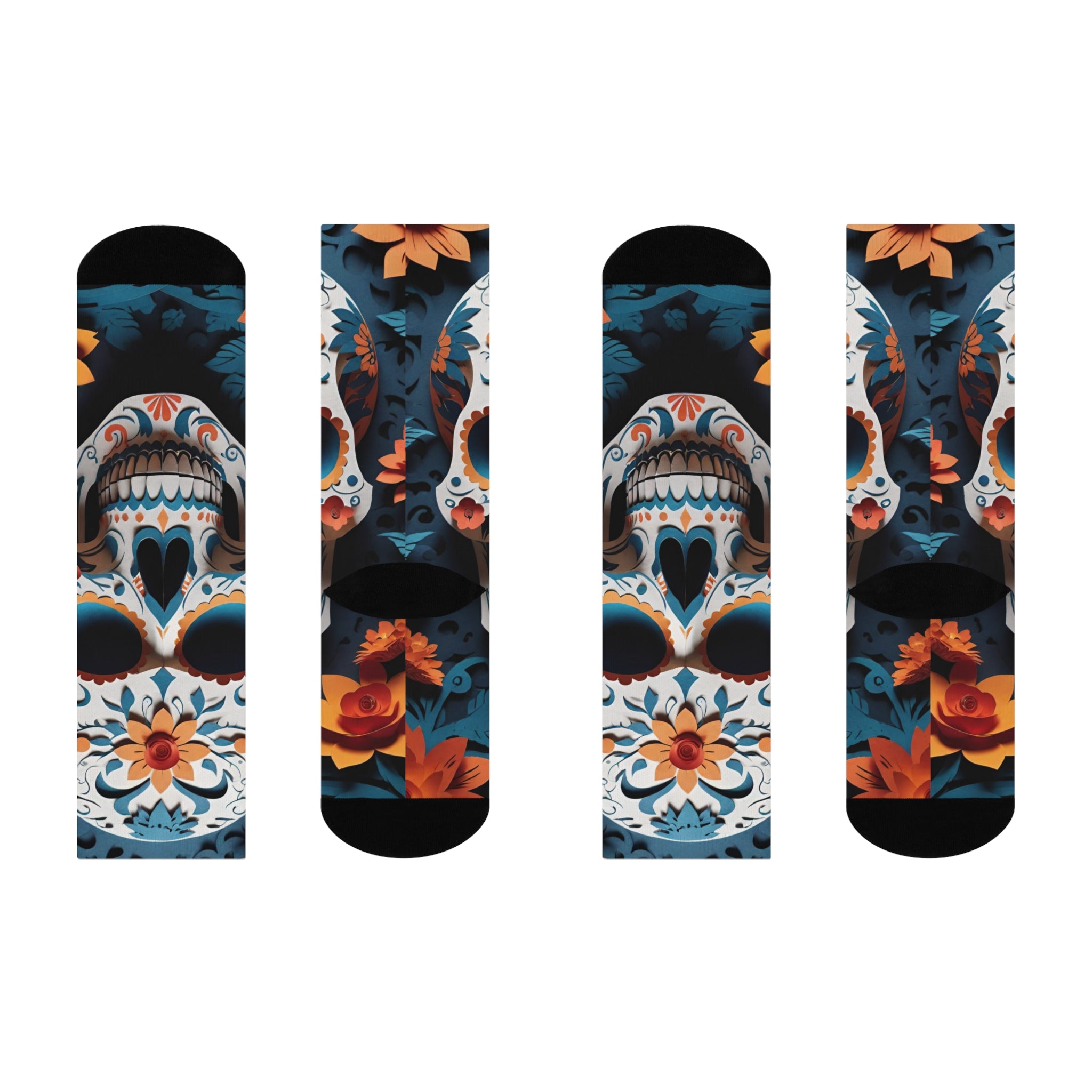 Sugar Skull Floral Blue Crew Socks | Day of the Dead Calavera Design