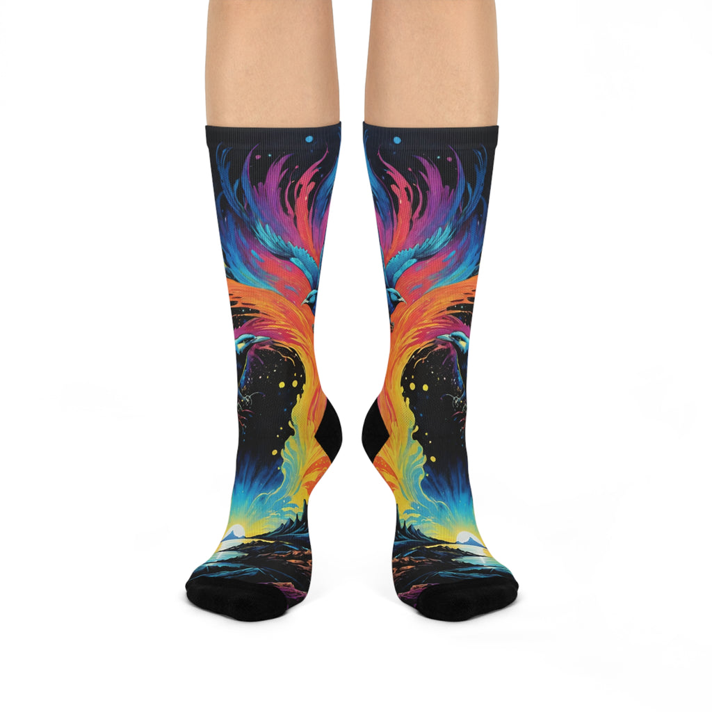 Rainbow Phoenix Socks | Colorful Bird Crew Socks, Cosmic Flame Design