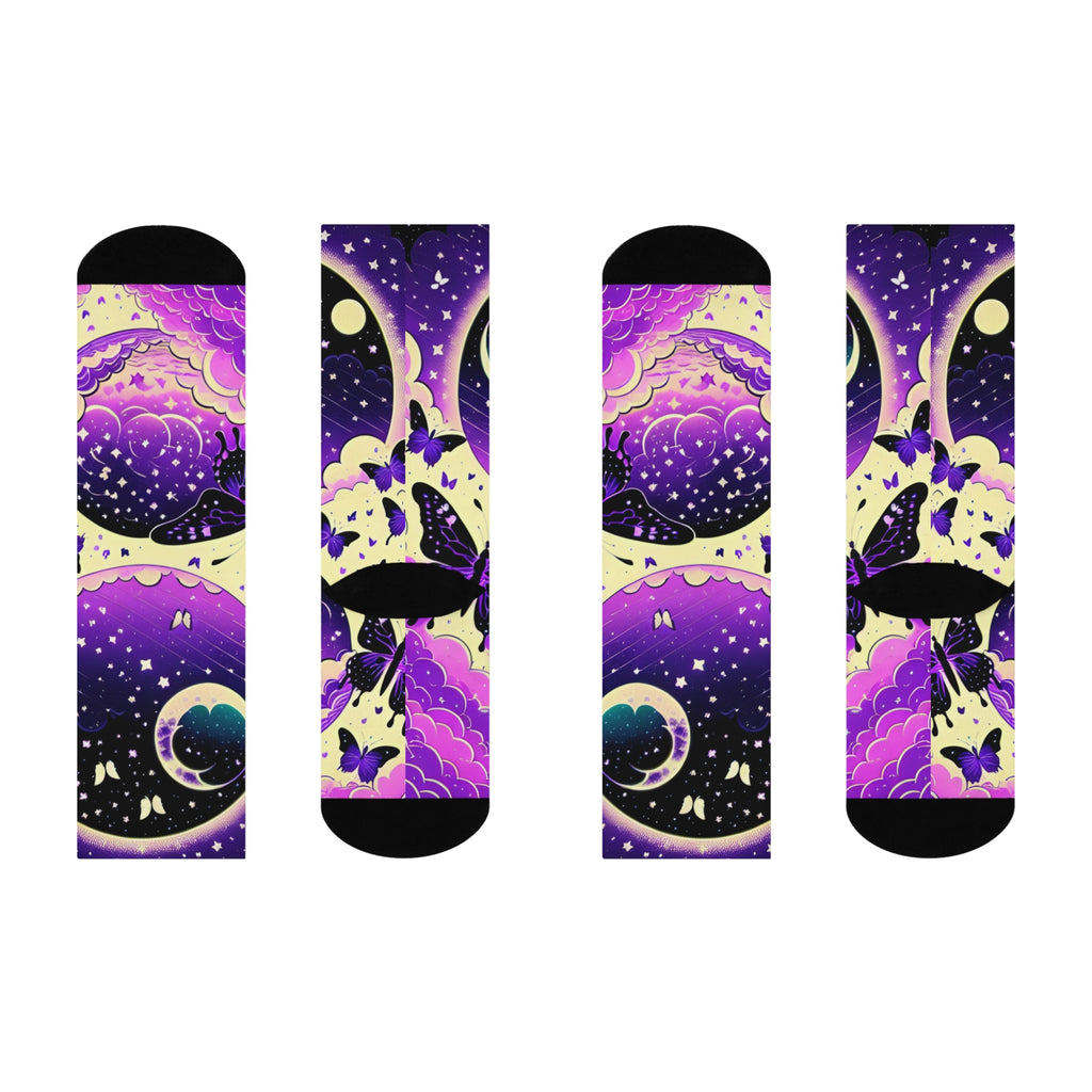 Moonlit Butterfly Night Socks | Purple Galaxy Crew Socks