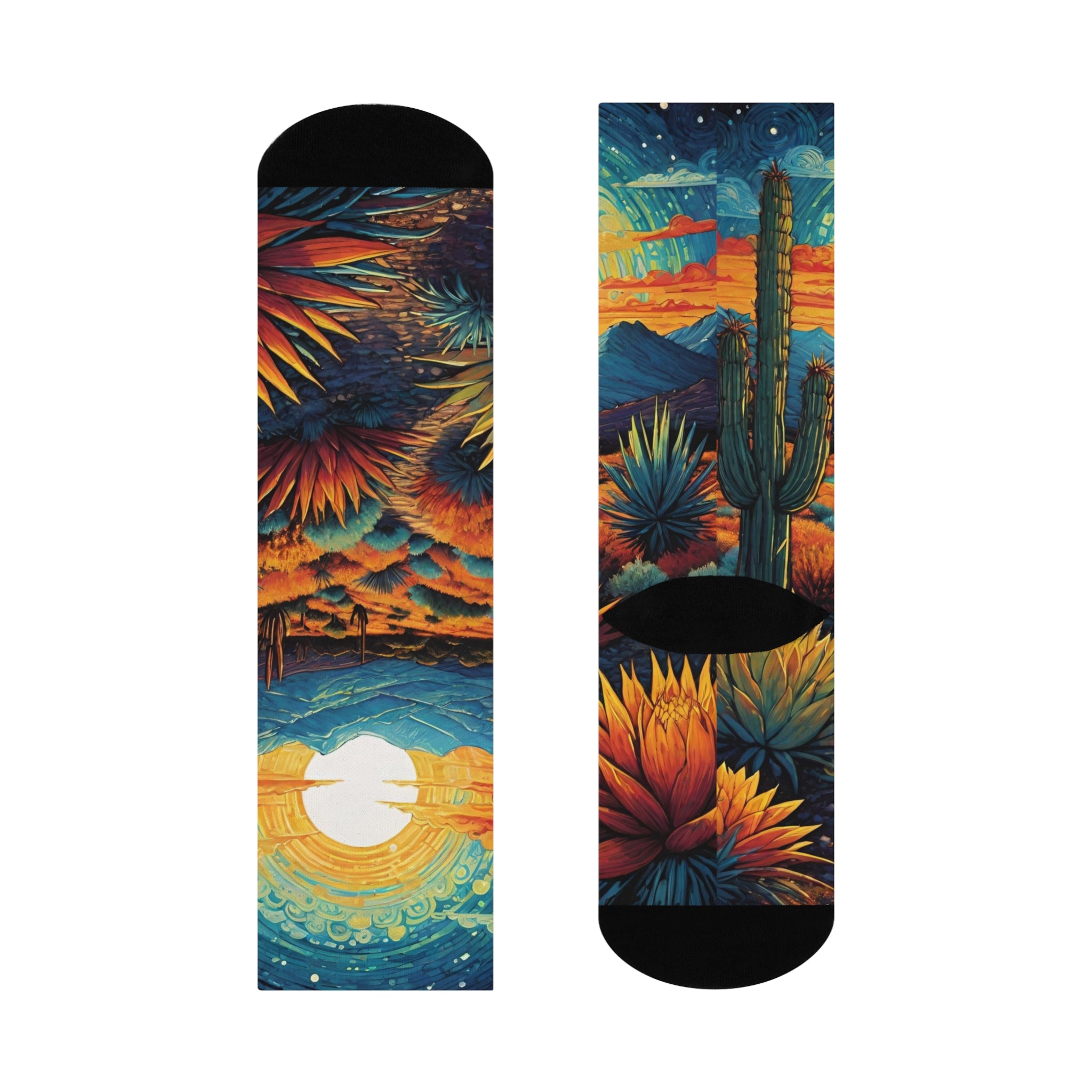 Desert Sunset Landscape Cushioned Crew Socks | Cactus, Sun, Mountains, rocks