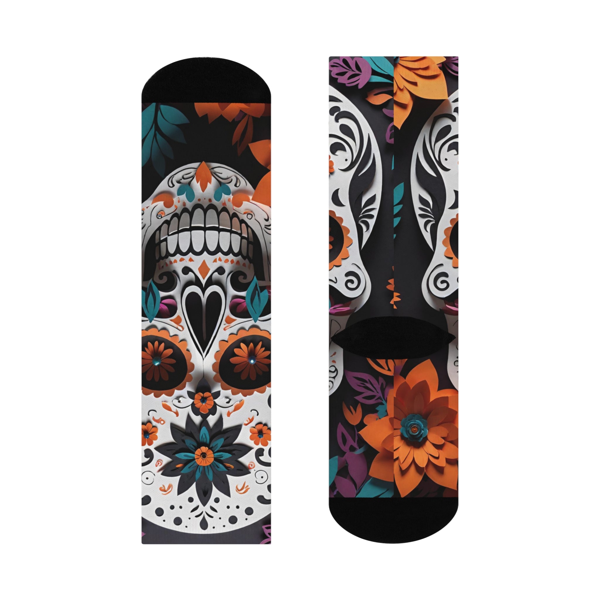 Calavera Blue and orange Floral Crew Socks | Day of the Dead Floral Pattern