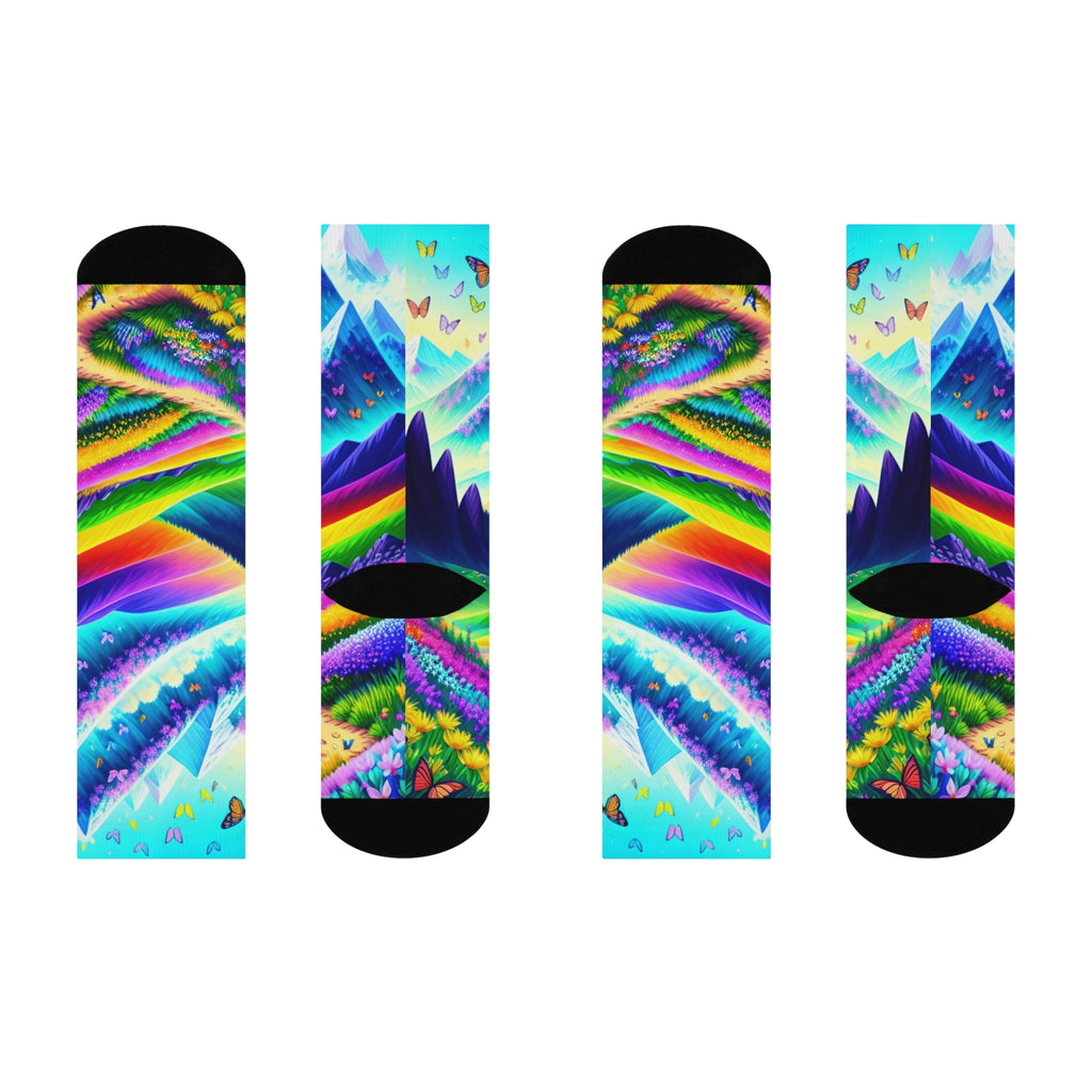 Rainbow Alpine Mountain Crew Socks - Vibrant Butterfly and Snowy Peak Art 1