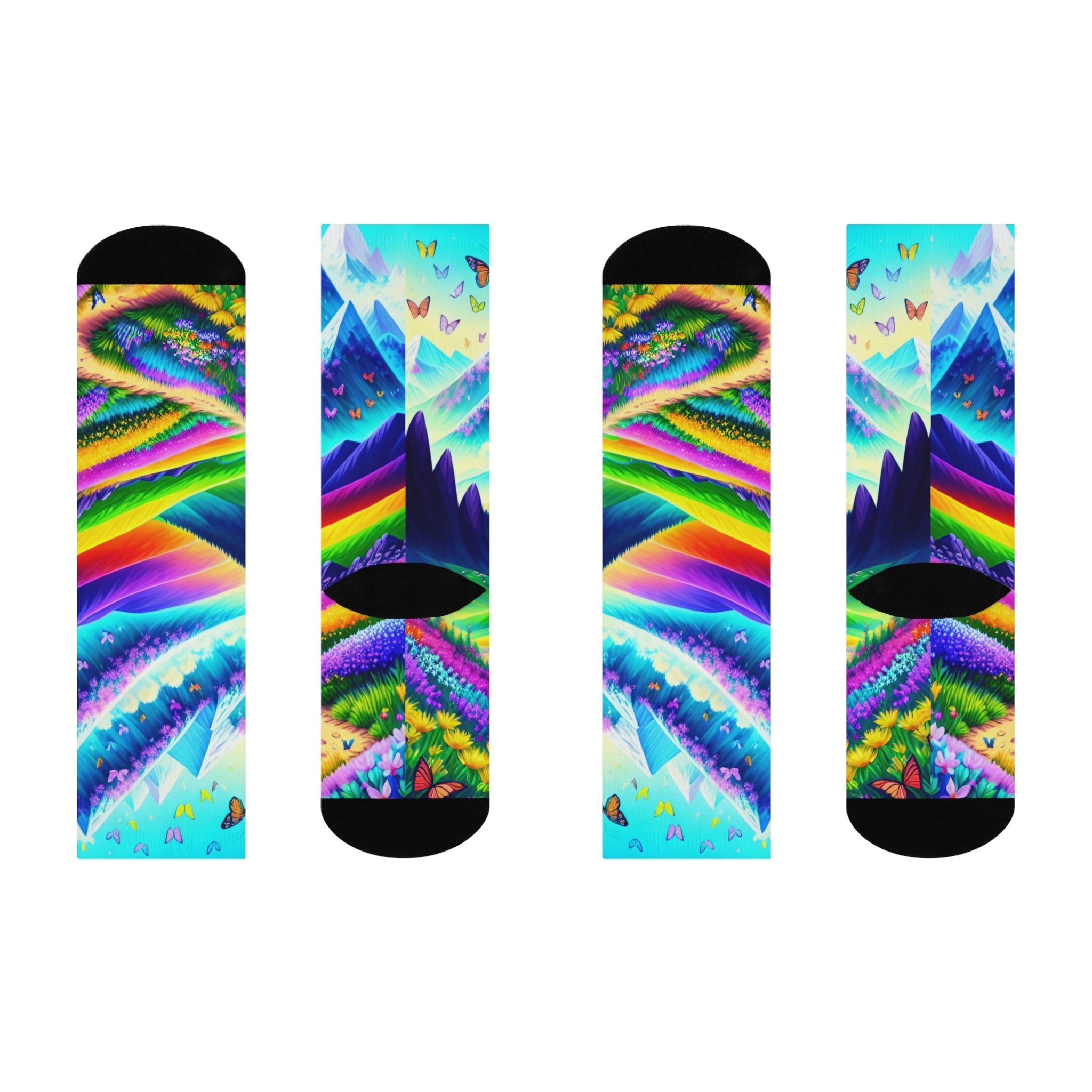 Rainbow Alpine Mountain Crew Socks - Vibrant Butterfly and Snowy Peak Art 1