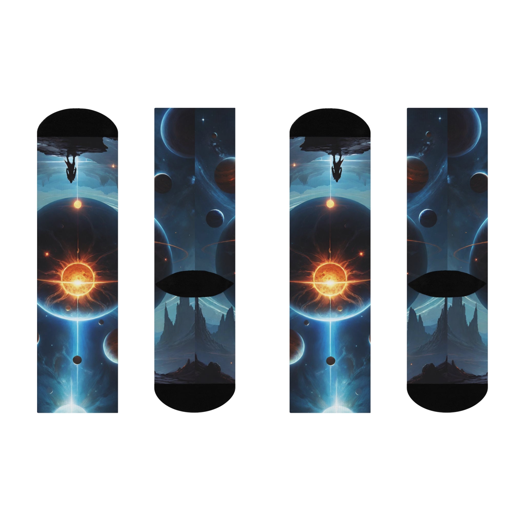 Epic Deep Space Galaxy Crew Socks, Sci-Fi Planet Landscape Long Socks, comma; Vibrant Celestial Sun Cosmic Apparel.