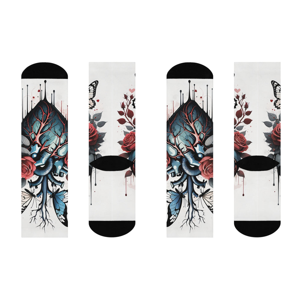 Anatomical Heart with Roses and Butterflies Crew Socks | Cushioned
