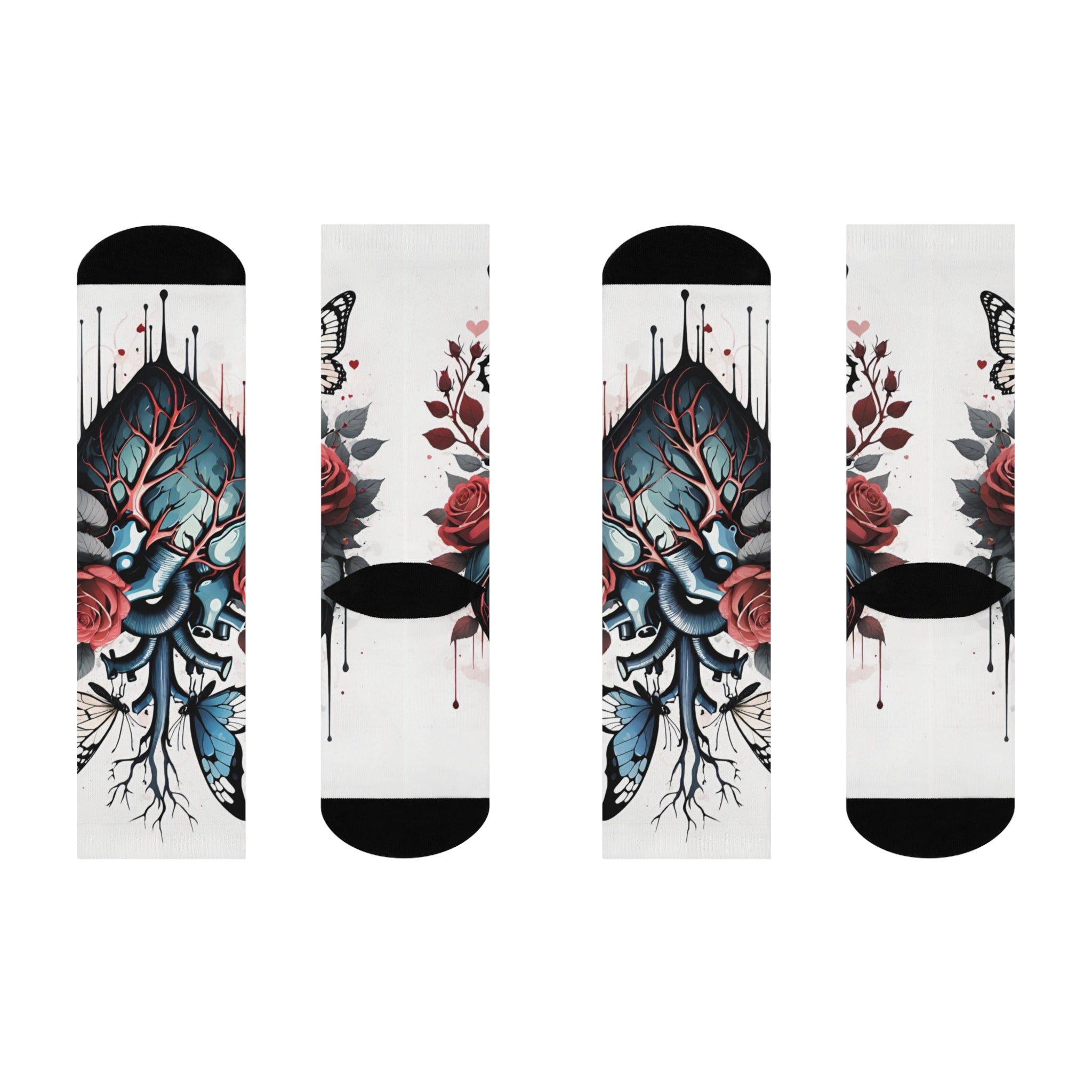 Anatomical Heart with Roses and Butterflies Crew Socks | Cushioned