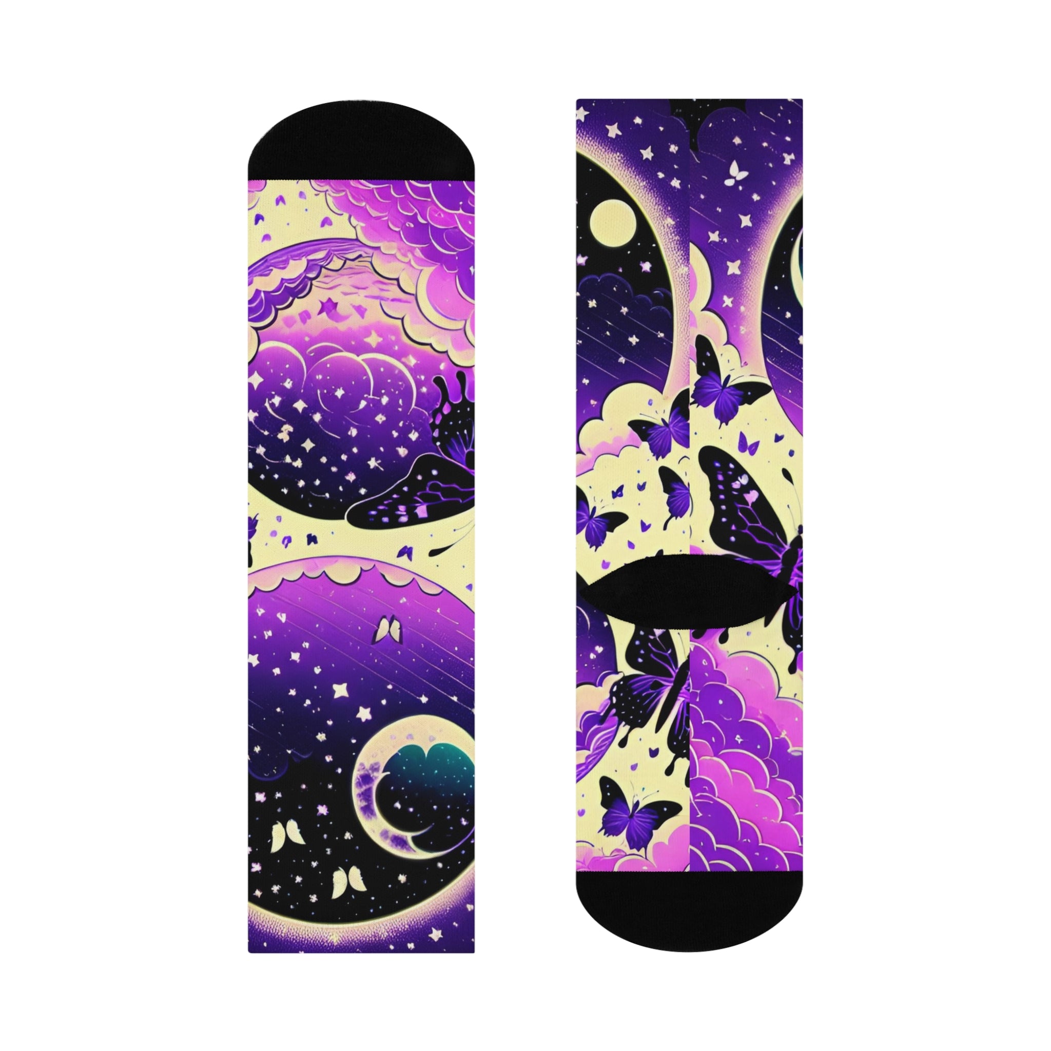 Moonlit Butterfly Night Socks | Purple Galaxy Crew Socks