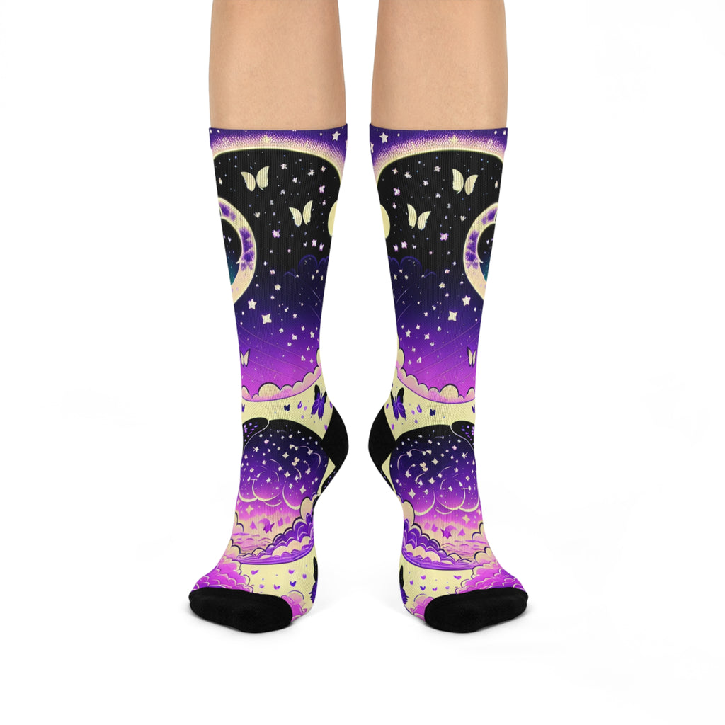 Moonlit Butterfly Night Socks | Purple Galaxy Crew Socks