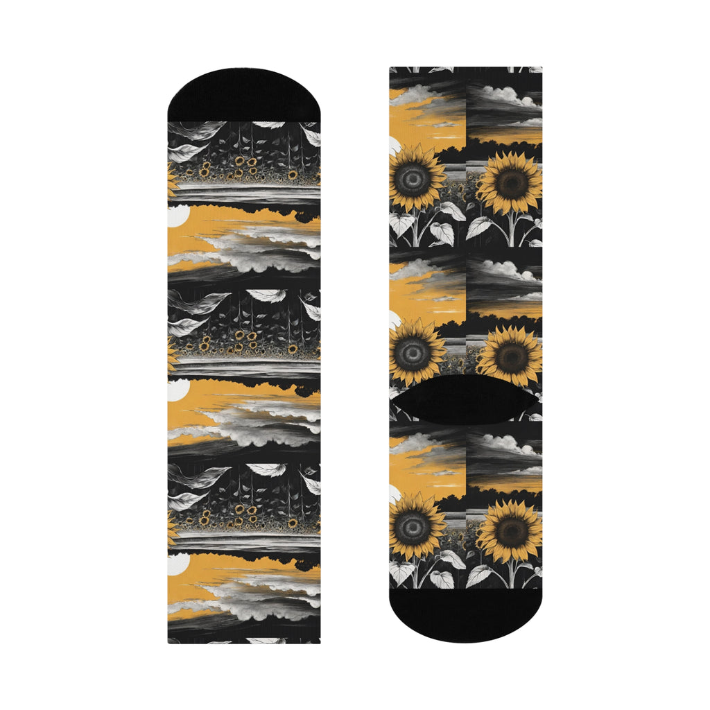 Vintage Sunflower Field Crew Socks - Aesthetic Black and Gold Landscape Long Socks; Artistic Nature Sunrise Pattern Apparel.
