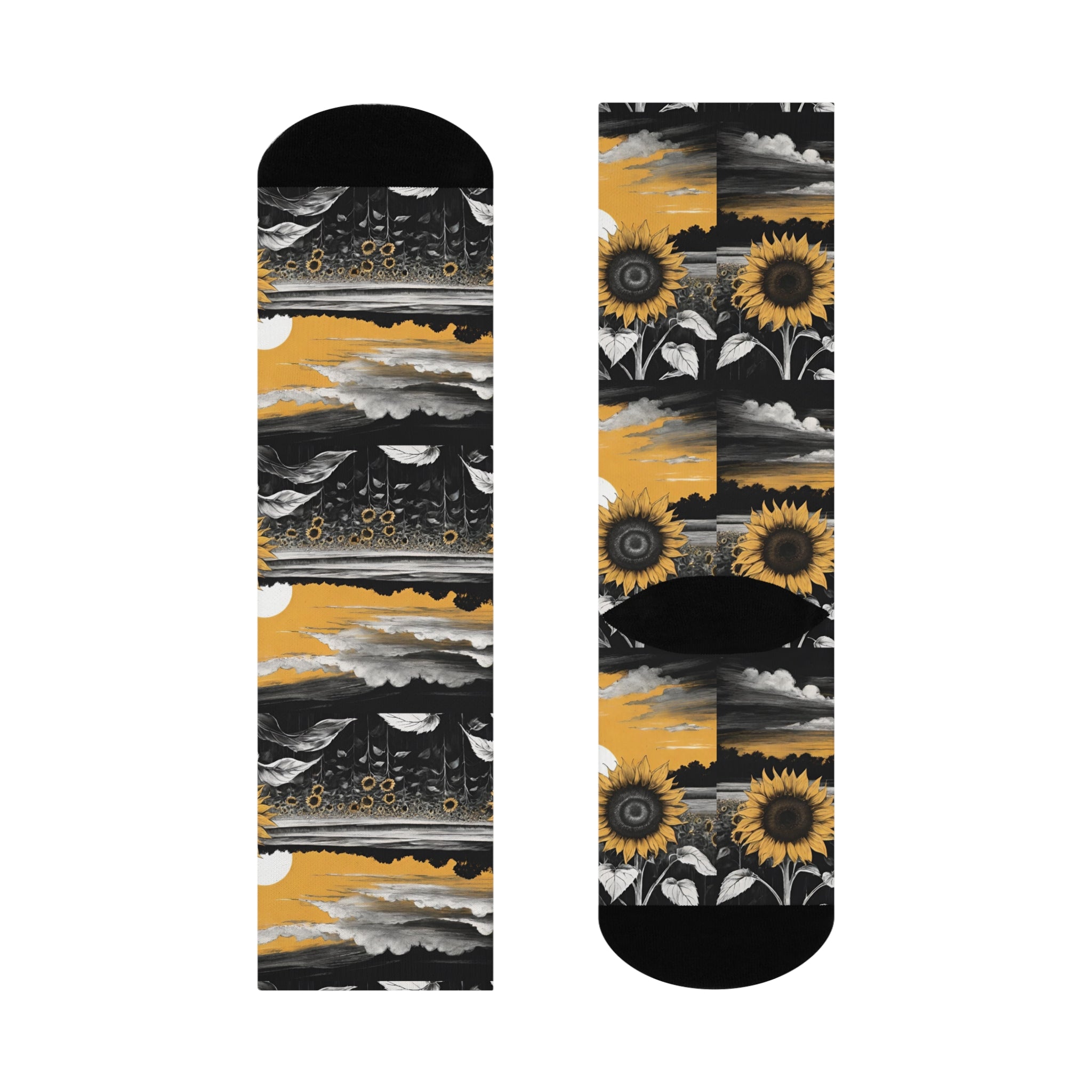 Vintage Sunflower Field Crew Socks - Aesthetic Black and Gold Landscape Long Socks; Artistic Nature Sunrise Pattern Apparel.