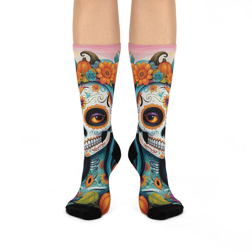 Sugar Skull Floral Crew Socks | Day of the Dead Calavera Design