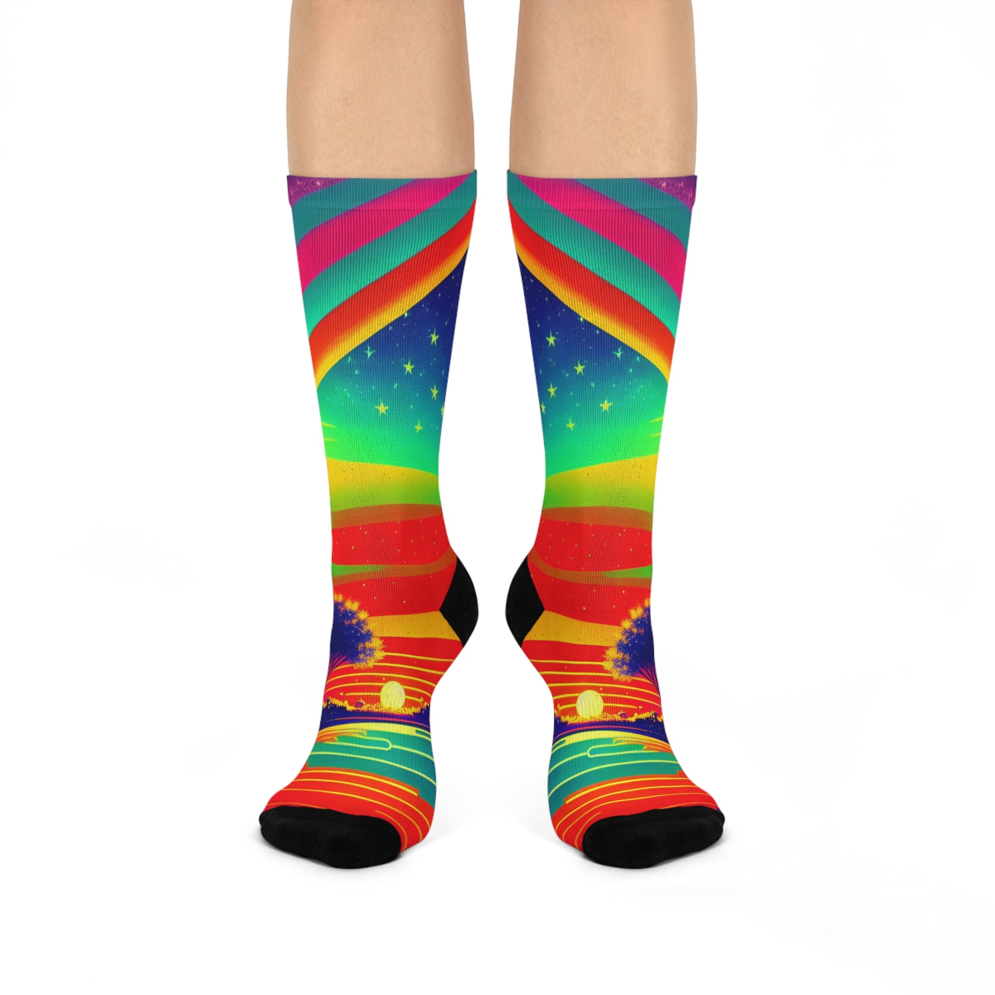 Psychedelic Rainbow Sunset Tree Socks | Crew Socks