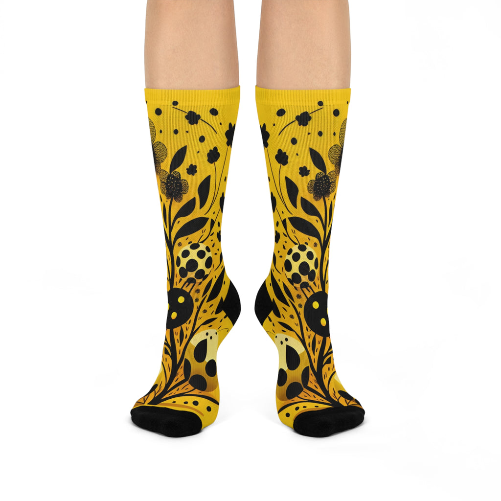 The Golden Botanical Meadow Socks- Mustard Yellow Floral & leaf silhouette Art