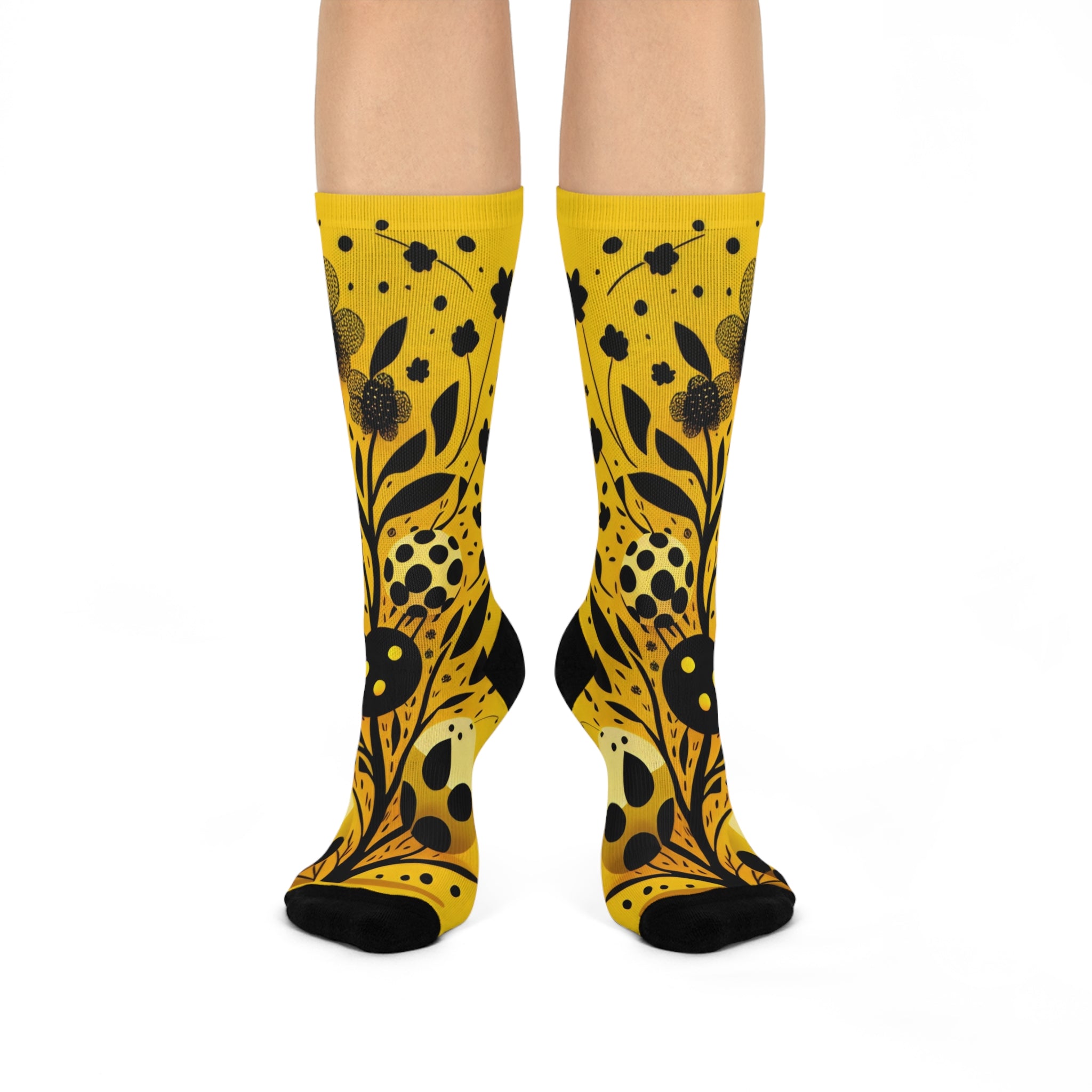 The Golden Botanical Meadow Socks- Mustard Yellow Floral & leaf silhouette Art