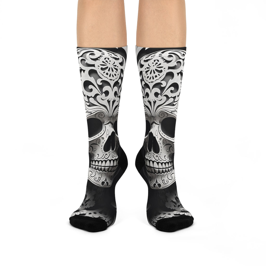 Skull Calavera Cushioned Crew Socks | Day of the Dead Black & White