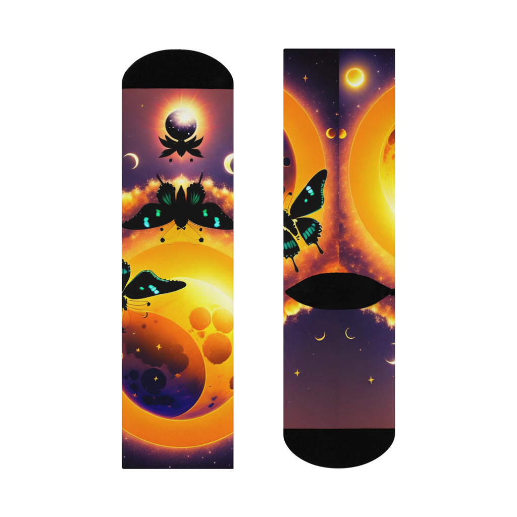 Surreal Sunset Moon Butterfly Crew Socks | Cosmic Night Sky