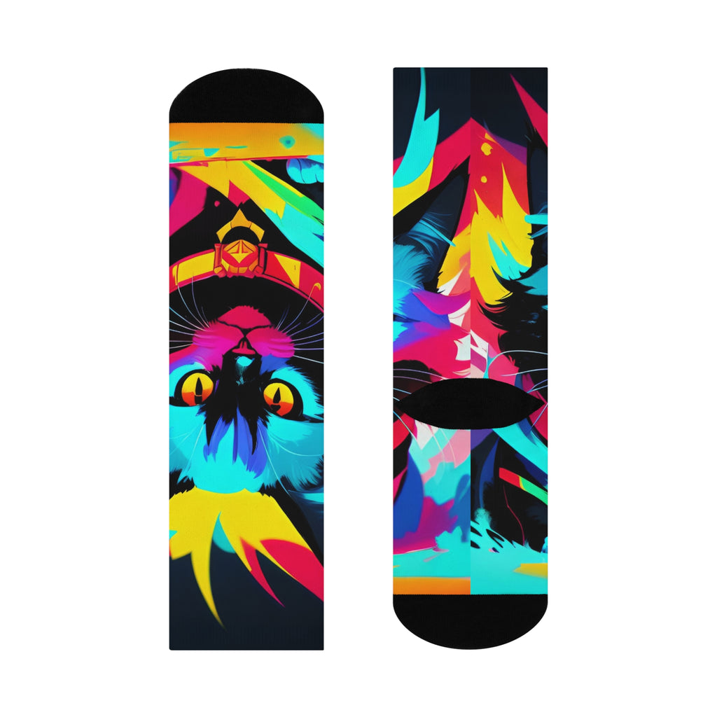 Neon Pop Cat Cushioned Crew Socks | Colorful Feline Graphic