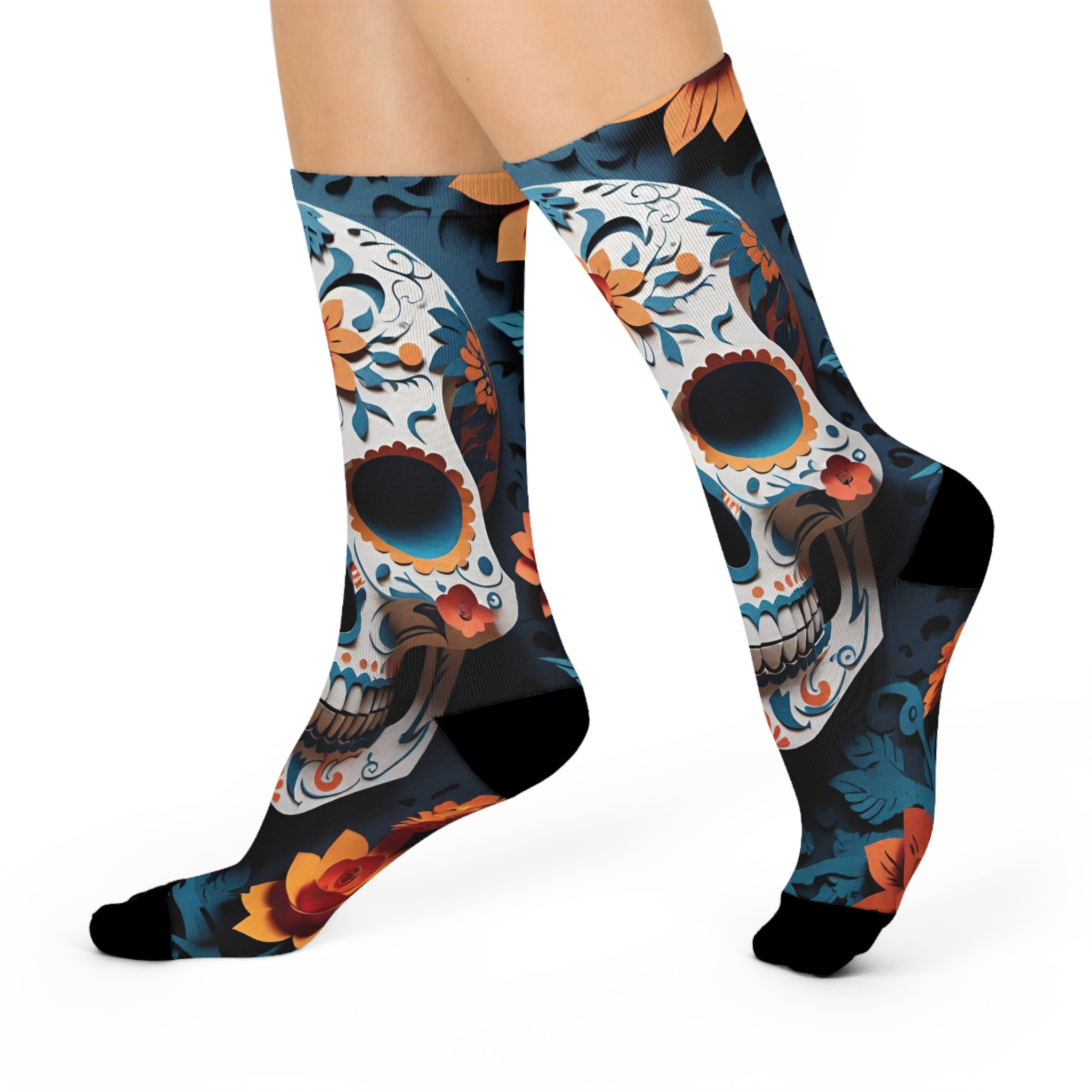 Sugar Skull Floral Blue Crew Socks | Day of the Dead Calavera Design