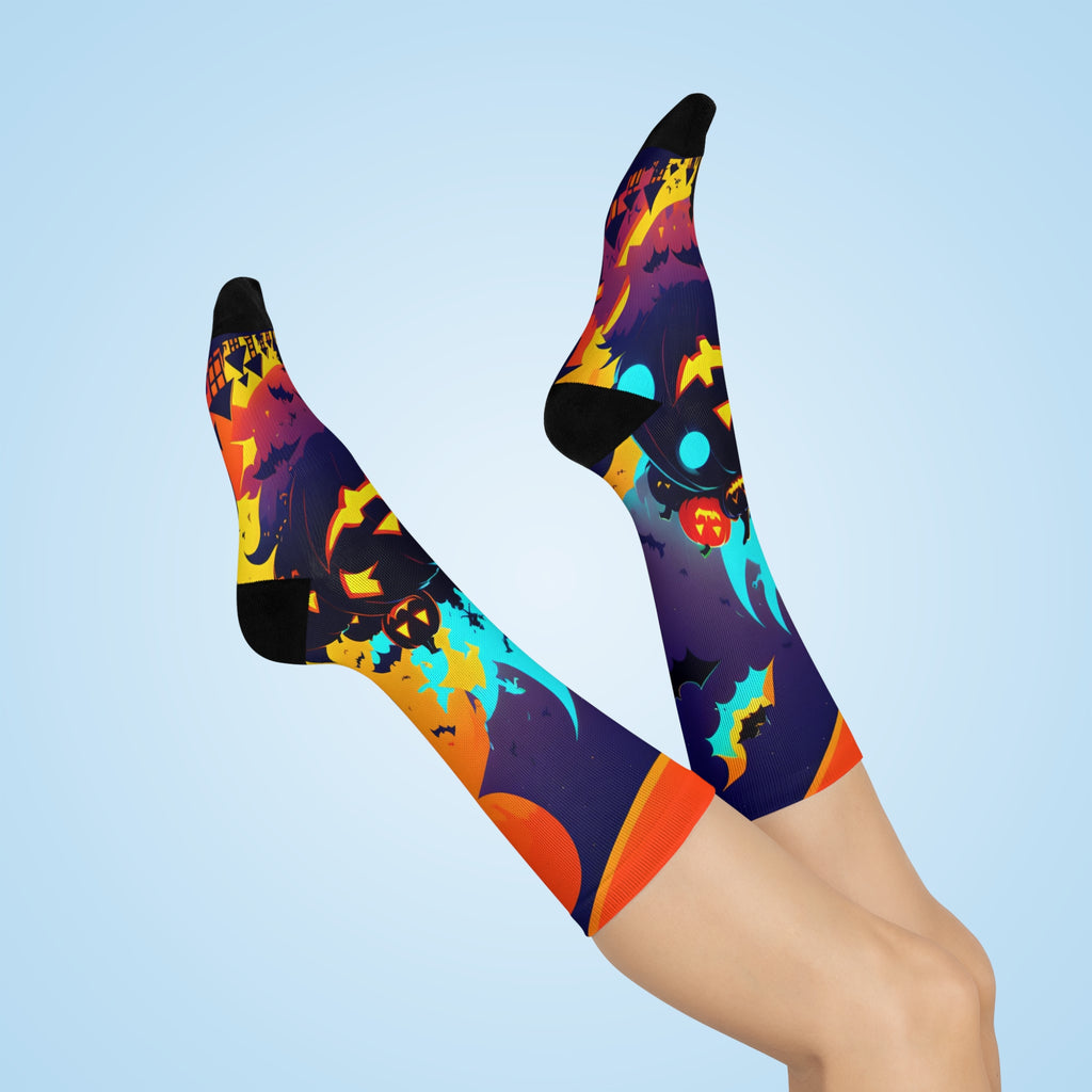 Pumpkin Night Scene Cushioned Crew Socks | Halloween Jack-o'-Lantern Bats