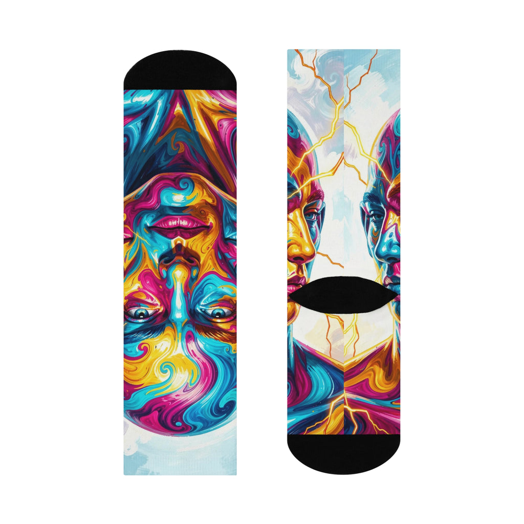 Psychedelic Cosmic Mind Crew Socks - Colorful Surreal Abstract Face Long Socks; Vibrant Spiritual Swirl Pattern Apparel.