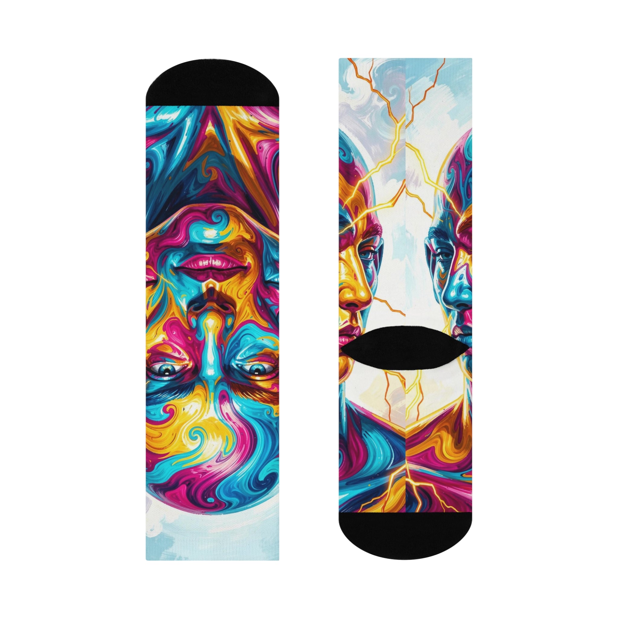 Psychedelic Cosmic Mind Crew Socks - Colorful Surreal Abstract Face Long Socks; Vibrant Spiritual Swirl Pattern Apparel.