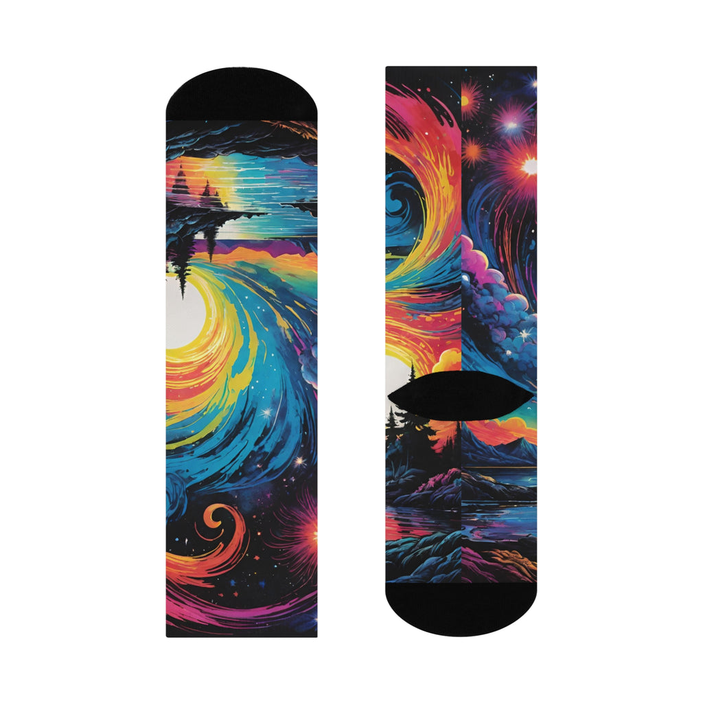 Cosmic Sunrise Landscape Crew Socks | Galaxy Night Sky, Colorful Swirl