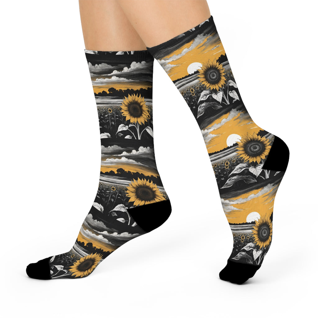 Vintage Sunflower Field Crew Socks - Aesthetic Black and Gold Landscape Long Socks; Artistic Nature Sunrise Pattern Apparel.